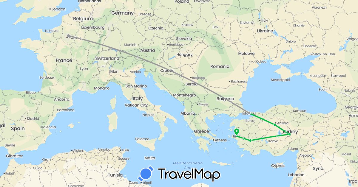 TravelMap itinerary: driving, bus, plane in France, Turkey (Asia, Europe)
